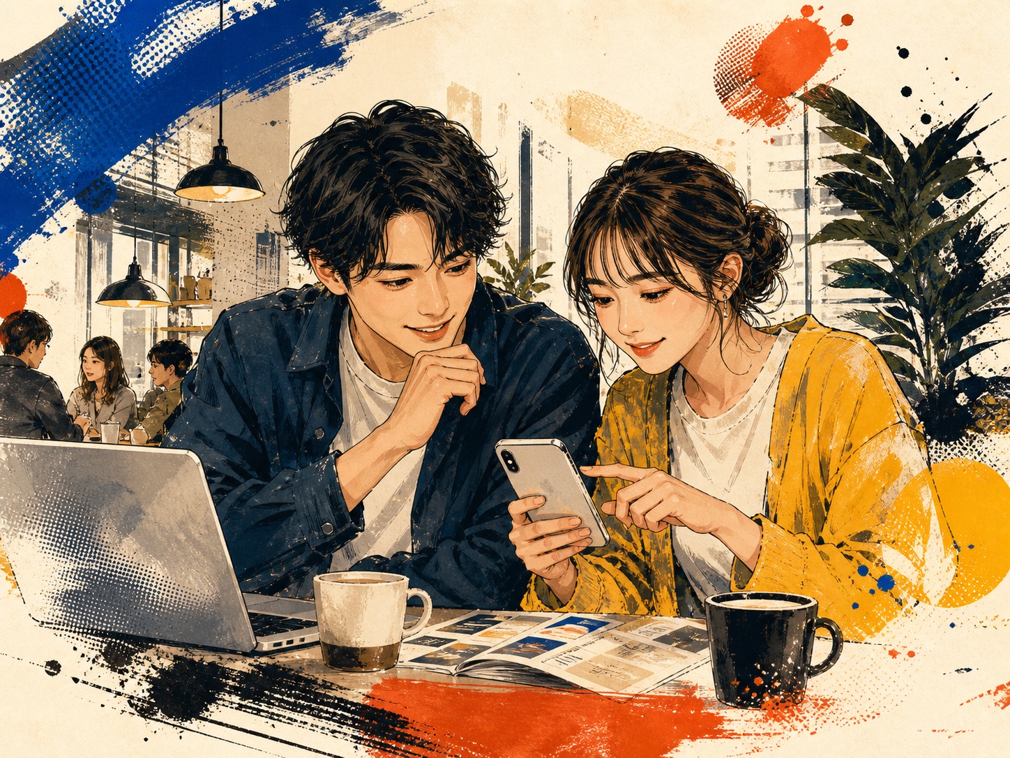 カフェで話す20代男女のウォールポスター
