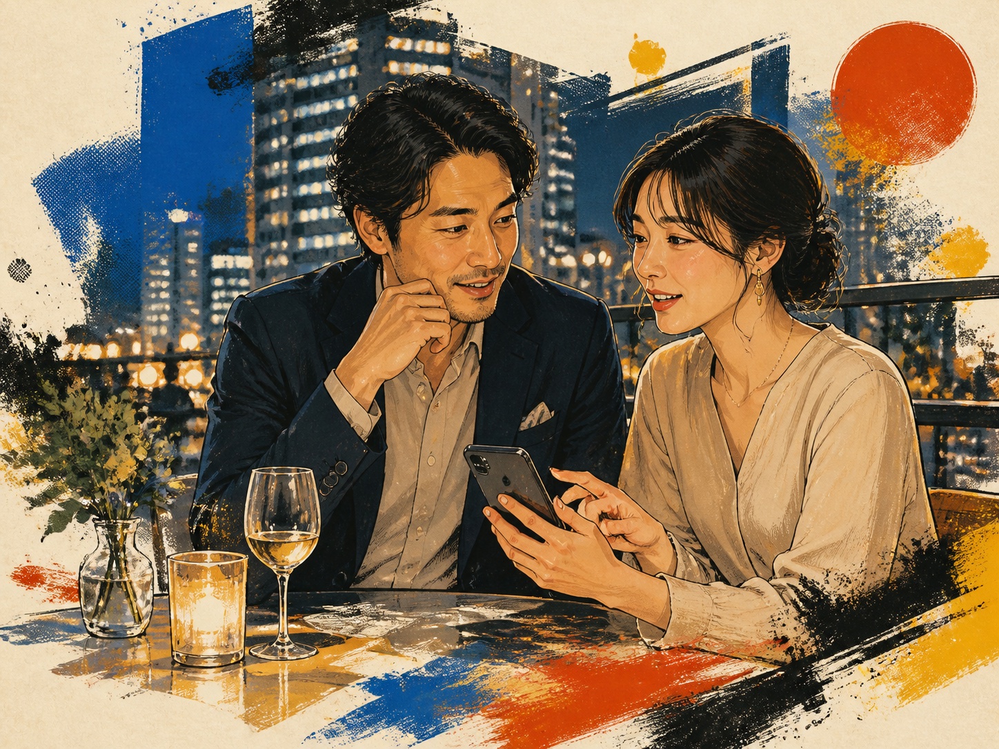 夜の街で語らう30代男女のウォールポスター