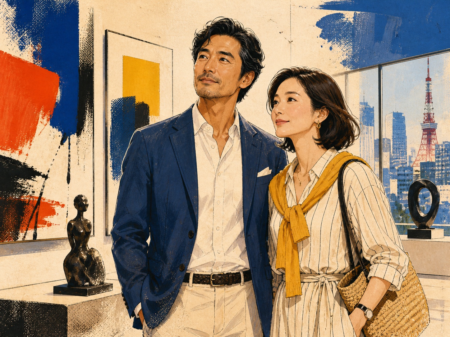 ギャラリーに立つ40代男女のウォールポスター