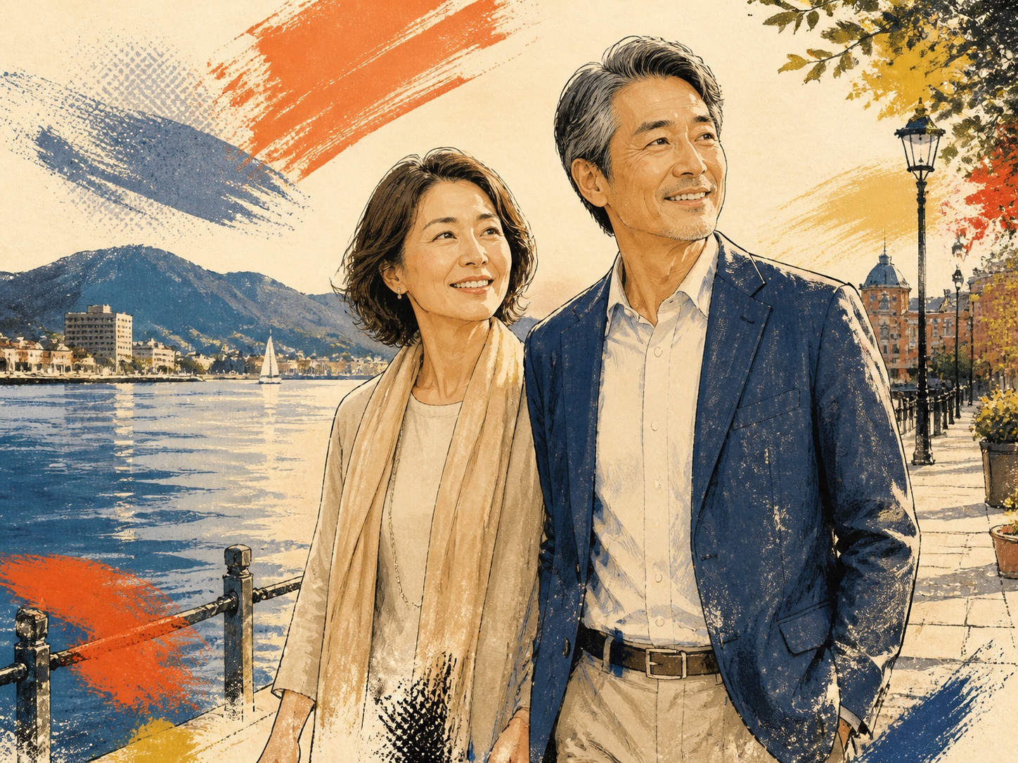 水辺を歩く50代男女のウォールポスター