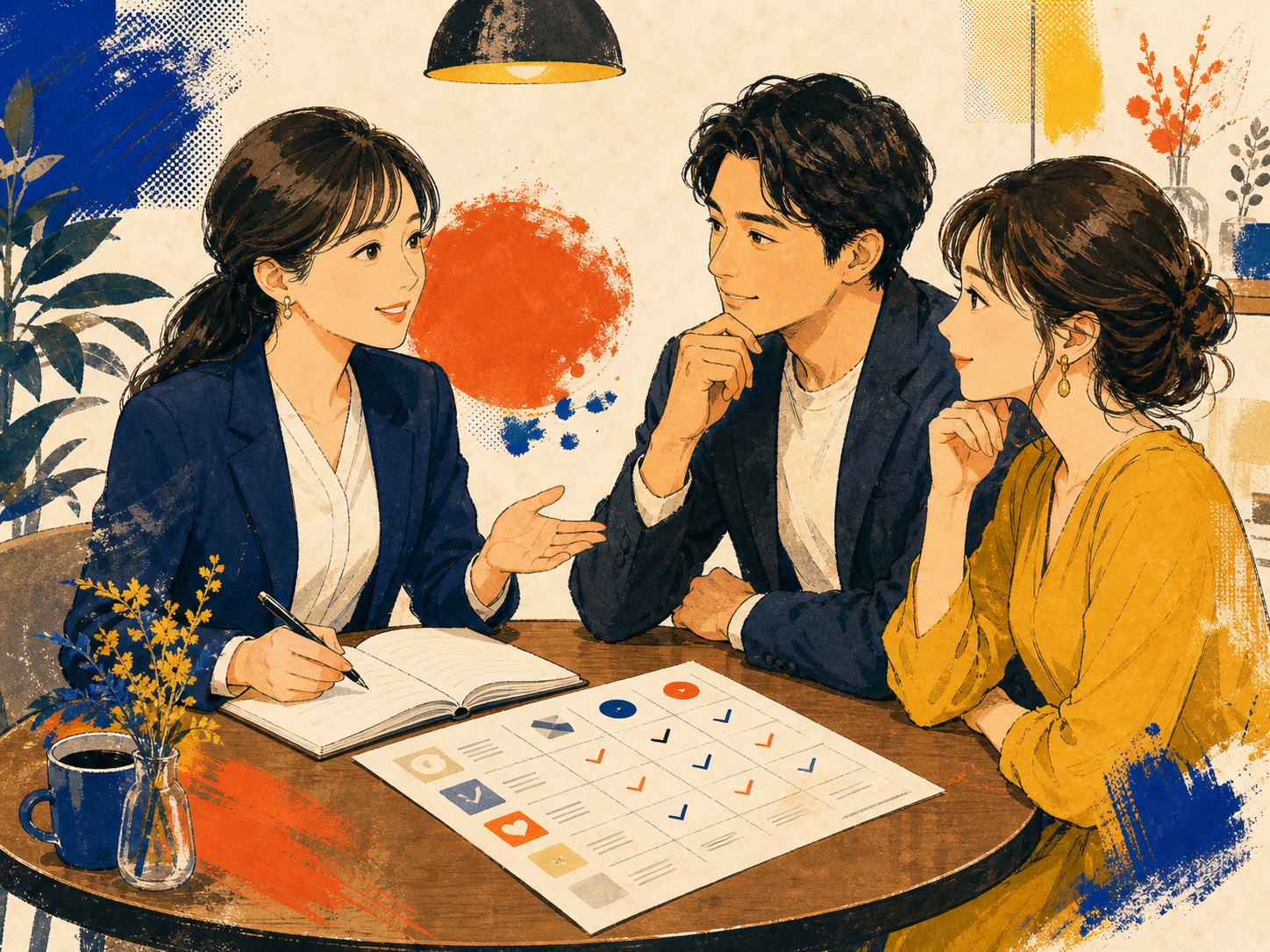 相談員と男女が円卓で話すウォールポスター