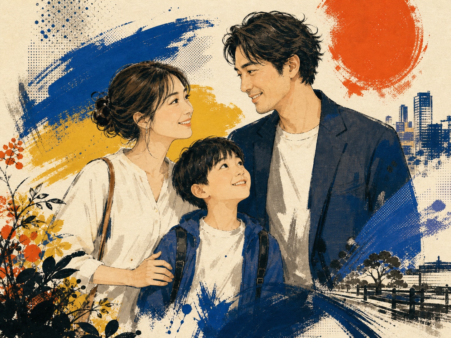 母親と子どもと男性が寄り添うウォールポスター