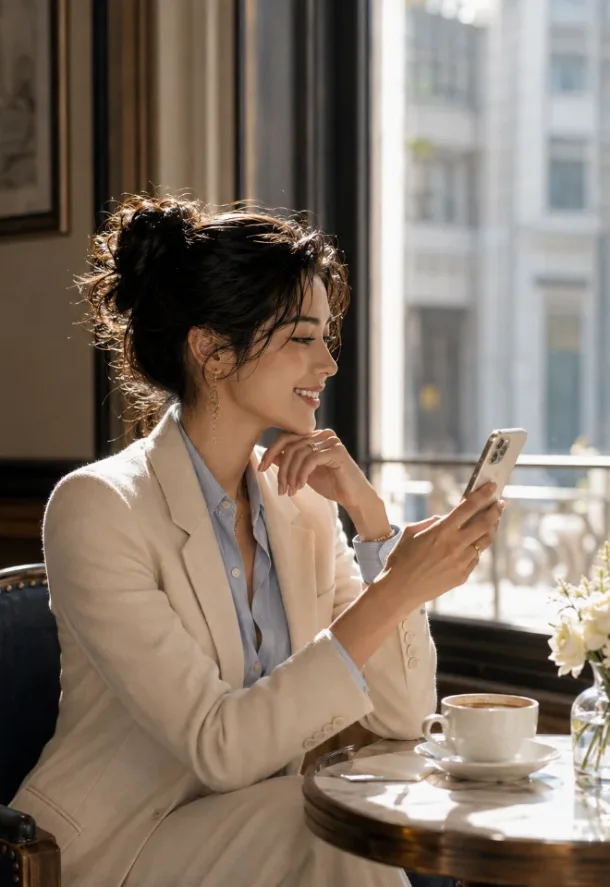 スマートフォンで診断を見る女性の写真