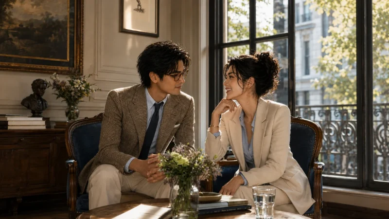 対話する男女の写真